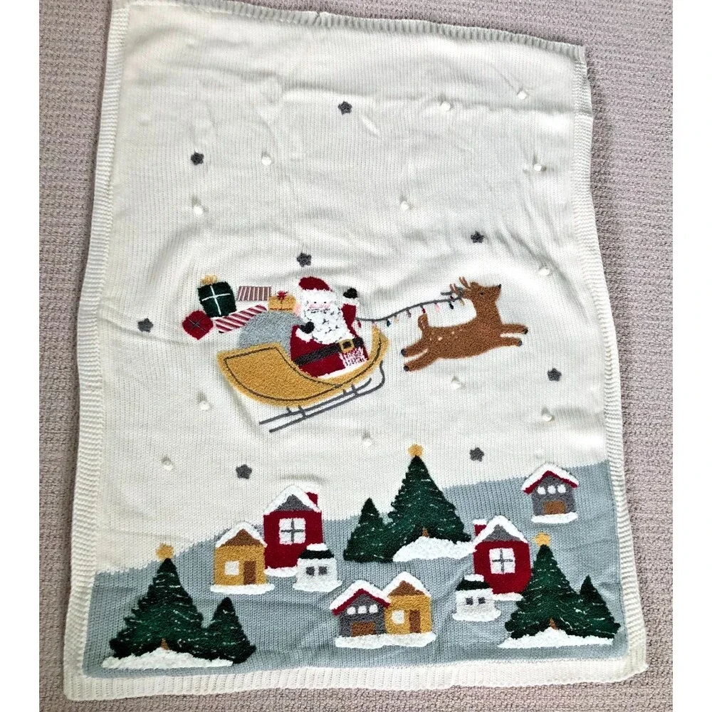 Pottery Barn Kids Baby Blanket Fleece Knit Christmas Holiday Santa Fuzzy